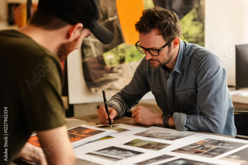 Creative director reviewing photographic prints with team member, working together on a project in their office photo