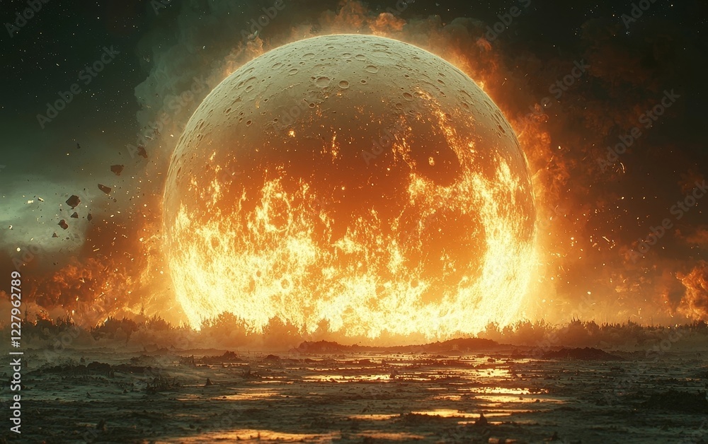 Φωτογραφία Surreal Depiction of Moon Crashing into Earth with Catastrophic Tidal Waves and