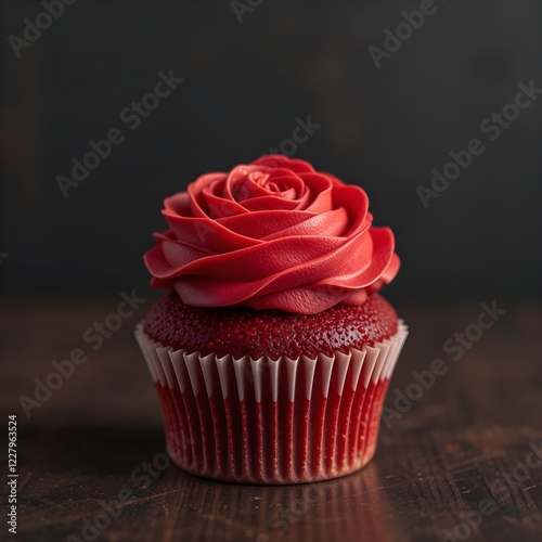 Red Velvet cupcake with red rose design at top