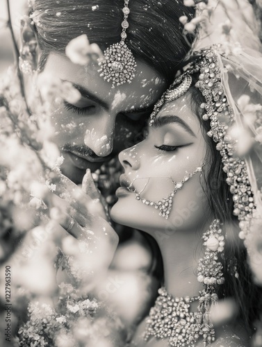 A bride and groom embracing in a traditional Indian wedding scene, adorned with flower garlands, ornate jewelry, and ethnic clothing.