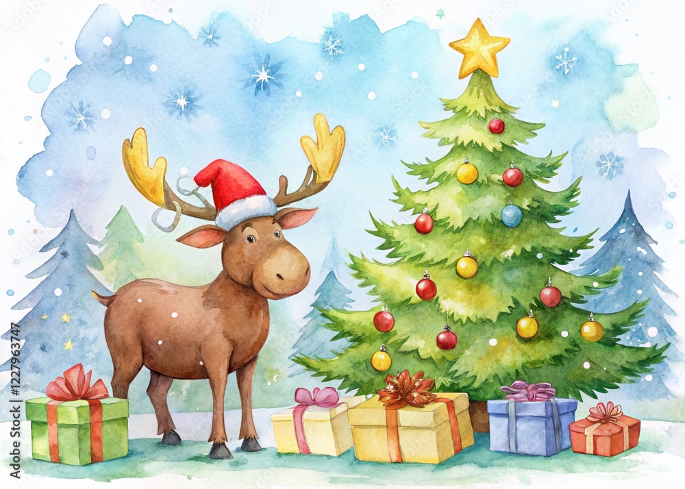 Fototapeta premium Joyful Christmas Moose in Watercolor: Festive Holiday Illustration