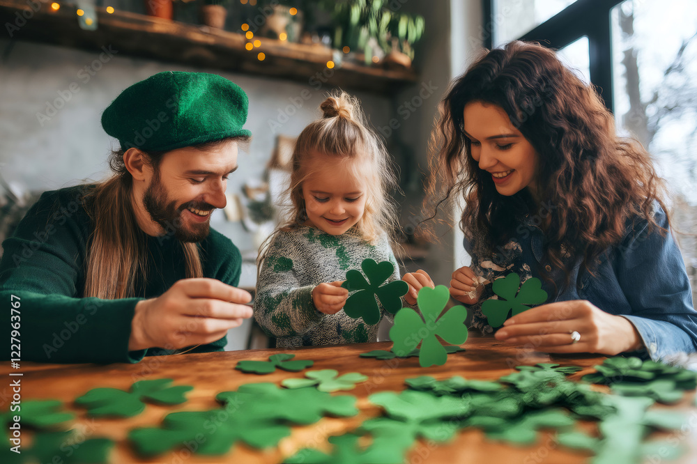 Fototapeta premium Happy family wearing green clothes preparing St. Patrick's Day decorations, holding green shamrocks