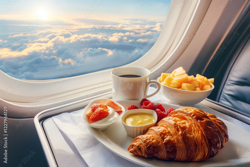 Delicious airline meal with a cup of coffee and fresh croissant, prepared for a business class passenger