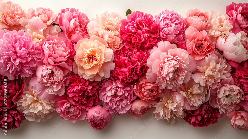 Pink And Red Peony Blossom Flowers Arrangement With Light Background In Close Up View. Pink And Red Peony Blossom Flowers Arrangement With Light Background In Close Up View.