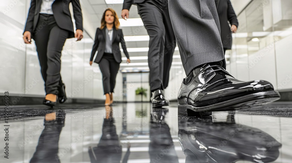 close-up shot of polished shoes stepping on a sleek office floor as men and women in suits walk briskly, emphasizing movement and professionalism in black and white Men and women employees in close-up shot of polished shoes stepping on a sleek office floor as men and women in suits walk briskly, emphasizing movement and professionalism in black and white Men and women employees in