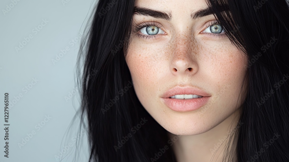 A close-up portrait of a beautiful young woman with long black hair, and a serene expression, showcasing natural beauty and elegance and tranquility, professional studio portrait photography. White ba A close-up portrait of a beautiful young woman with long black hair, and a serene expression, showcasing natural beauty and elegance and tranquility, professional studio portrait photography. White ba