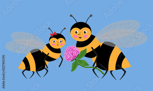 
Cute cartoon bees with clover flower. Bee girl and boy.