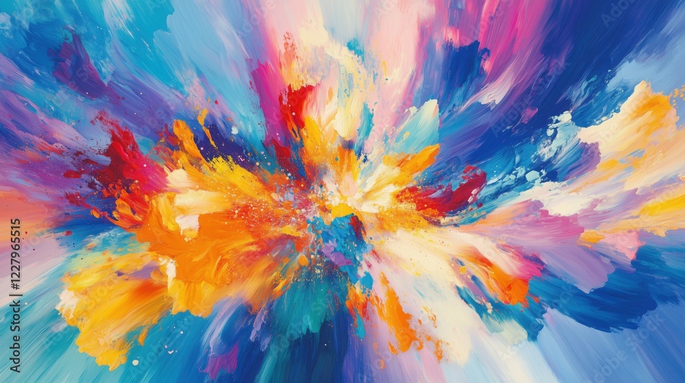 A vibrant explosion of colors, with an explosive burst in the center and splashes spreading outward, creating dynamic visual effects on a blue background. 