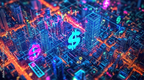 An aerial view of a neonsoaked metropolis where translucent holographic currency symbols dance overlaid on a patchwork of flashing market indicators and data streams. photo