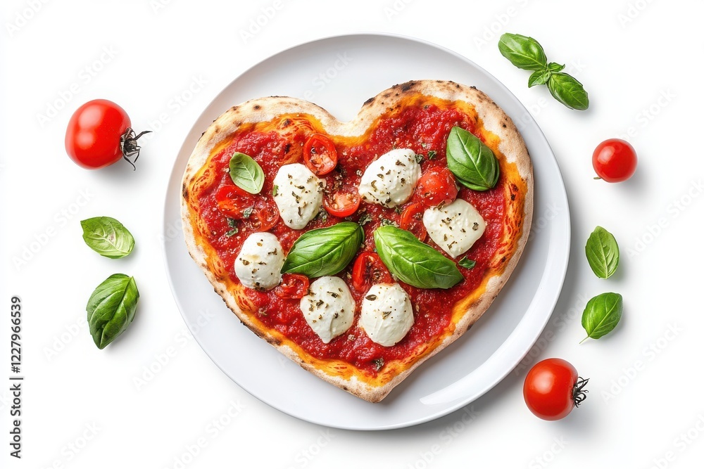 Heart-shaped pizza with basil and mozzarella Heart-shaped pizza with basil and mozzarella