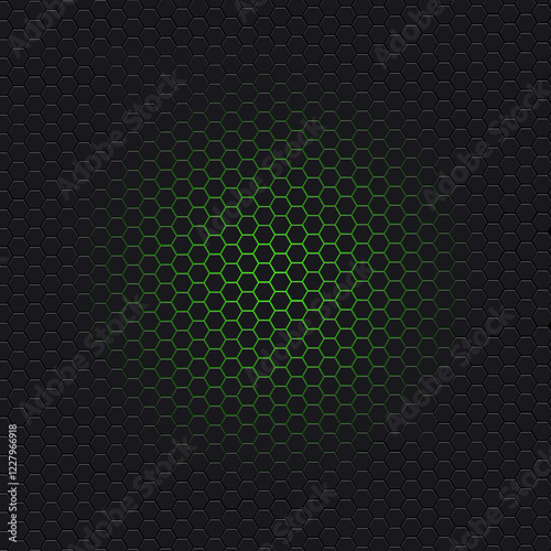 Futuristic honeycomb texture on black background with green glow light in the center