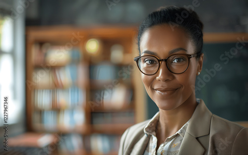Portrait of smiling school teacher holding books in classroom at school