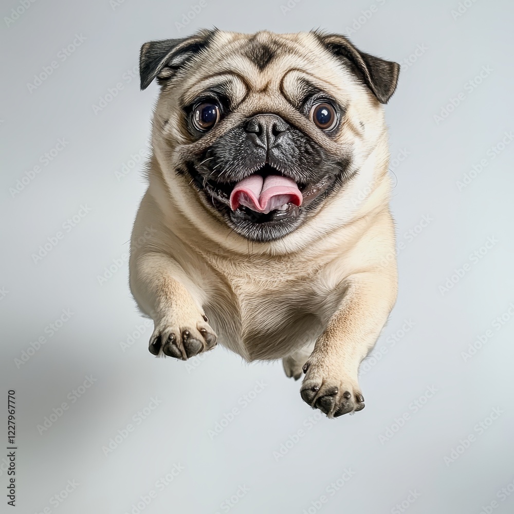 Flying Pug Front View, Happy Expression, Studio Shot, Dog Photography Pug, Pet Photography Flying Pug Front View, Happy Expression, Studio Shot, Dog Photography Pug, Pet Photography