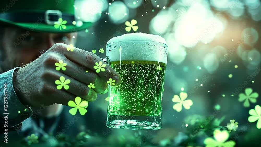 The blurred form of a man wearing a festive leprechaun hat toasts with a frothy green beer, shamrocks glowing around him in a joyous Saint Patrick's Day ambiance.