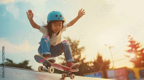 asian child skater or kid girl playing skateboard or surf skate and ollie jumping fun or raise wheel manual in skate park by extreme sports to wear helmet elbow pads wrist knee support for body safety