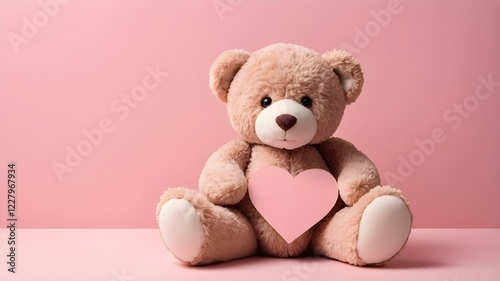 A plush teddy bear holding a handwritten love note, sitting on a soft pink background.
