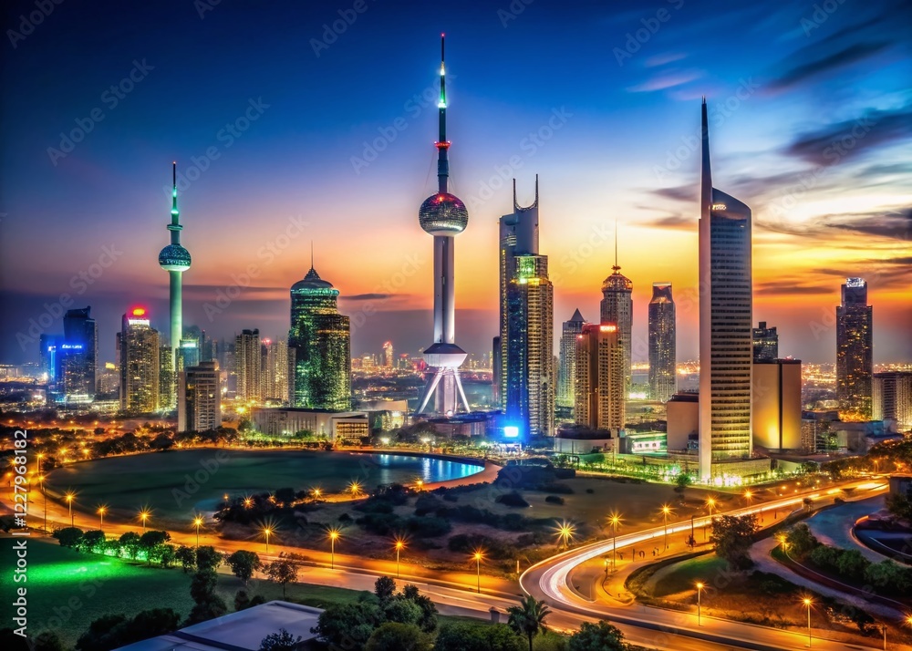 Fototapeta premium Kuwait City Skyline Night Glowing HDR December 2018 - Stunning Architectural Photography