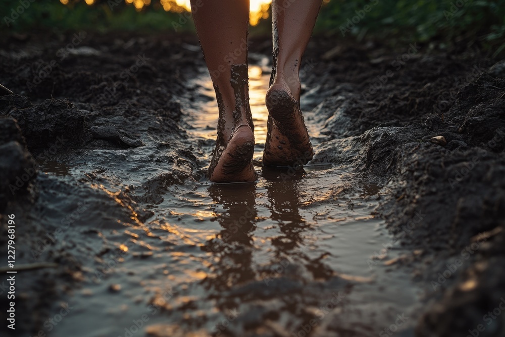 Walking in the mud. Feet covered with dirt and sludge. Walking in the mud. Feet covered with dirt and sludge.