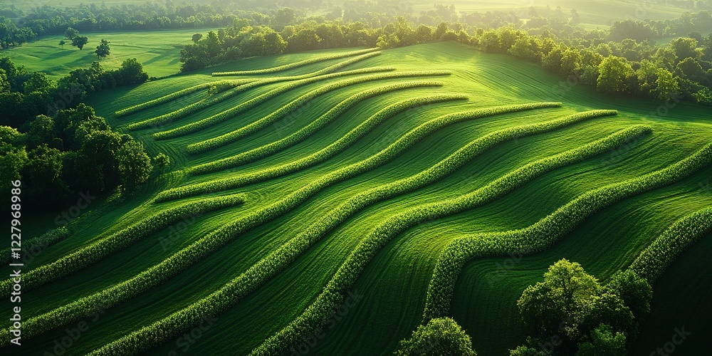 Fototapeta premium Beautifully curved green fields ripple across the landscape under soft morning light at a rural farm