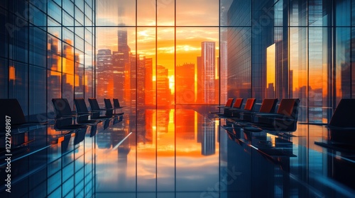 Wallpaper Mural Sunset Cityscape Reflected in Modern Conference Room Torontodigital.ca