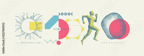 Art composition. Running man or marathon runner. Human body model. Stipple effect. A cell is formed of dots.Hole made from flying particles. 3d vector for brochure, poster, presentation, flyer, banner
