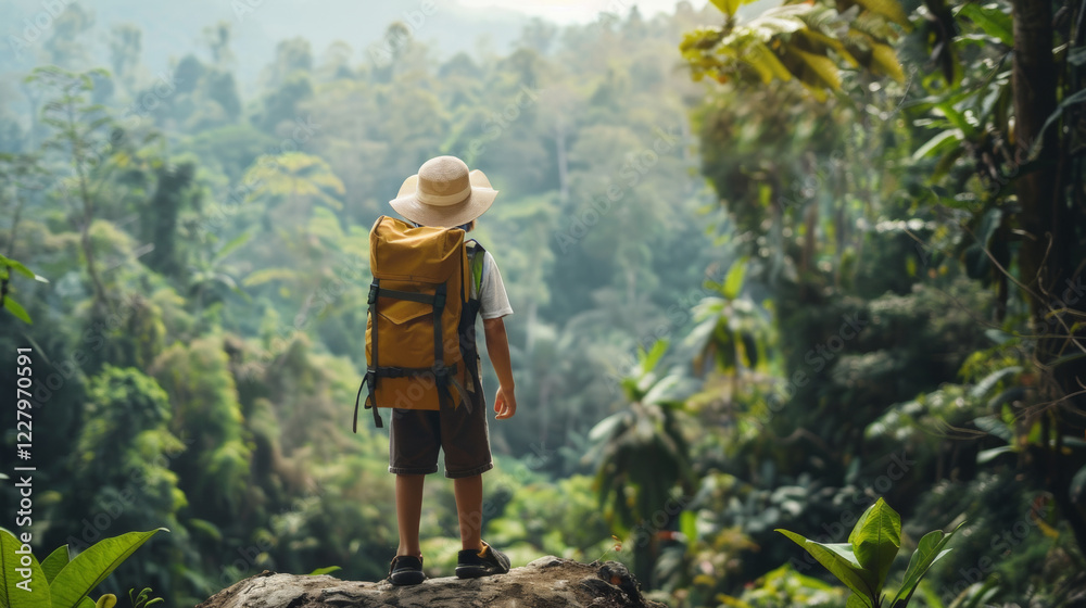 A boy enjoying the view of jungle on hills. Hiking in a rainforest. A boy enjoying the view of jungle on hills. Hiking in a rainforest.