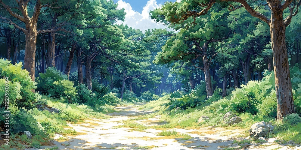 Fototapeta premium Serene forest path leading through lush greenery on a bright, sunny day