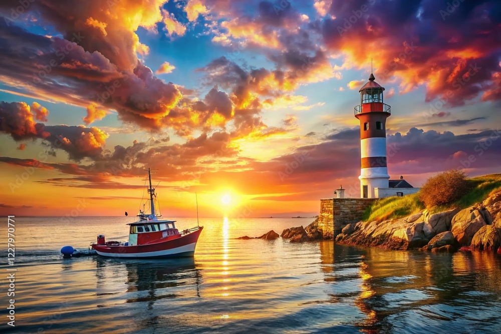 Obraz premium Lighthouse & Boat at Sunset: Dramatic Coastal Scene with Copy Space