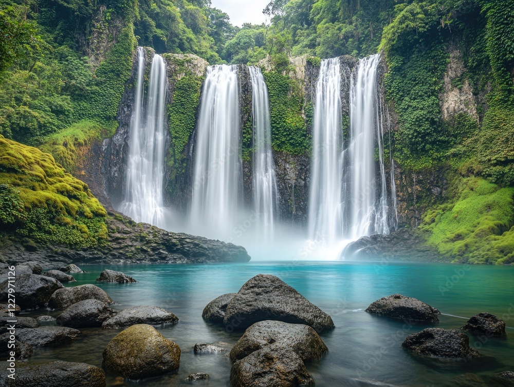 Waterfall cascading into river valley with lush greenery and rocky outcrops. Waterfall cascading into river valley with lush greenery and rocky outcrops.
