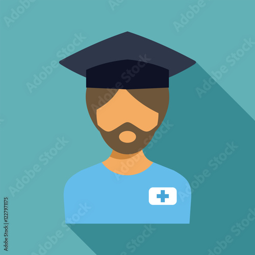 Male doctor wearing blue uniform with a white cross and graduation hat