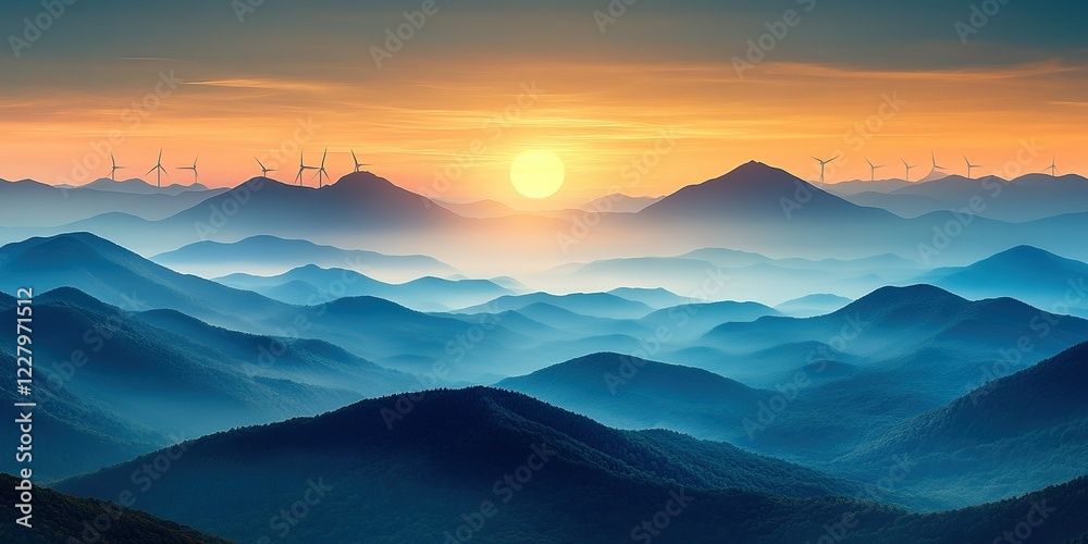Fototapeta premium Majestic sunrise over rolling hills and wind turbines in a tranquil mountain landscape