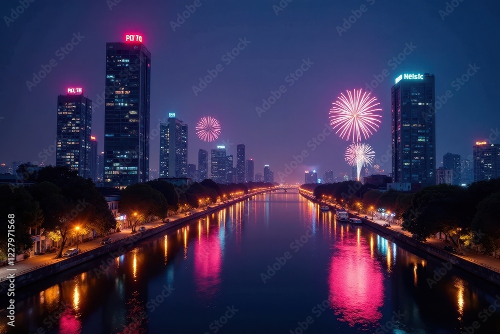 Naklejka premium Cityscape of Hanoi at night with fireworks and colorful lights , fireworks display, vietnam, asian city