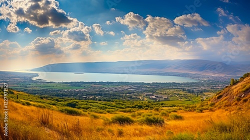 Stunning Galilee Landscape: A Breathtaking Panorama of Israel's Lake and Golan Heights from the Mount of Beatitudes