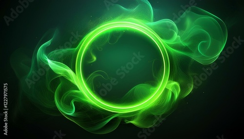 neon green abstract circle with smoke on dark background