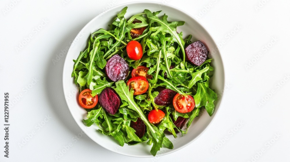 A fresh and vibrant salad with arugula, cherry tomatoes, roasted beets A fresh and vibrant salad with arugula, cherry tomatoes, roasted beets