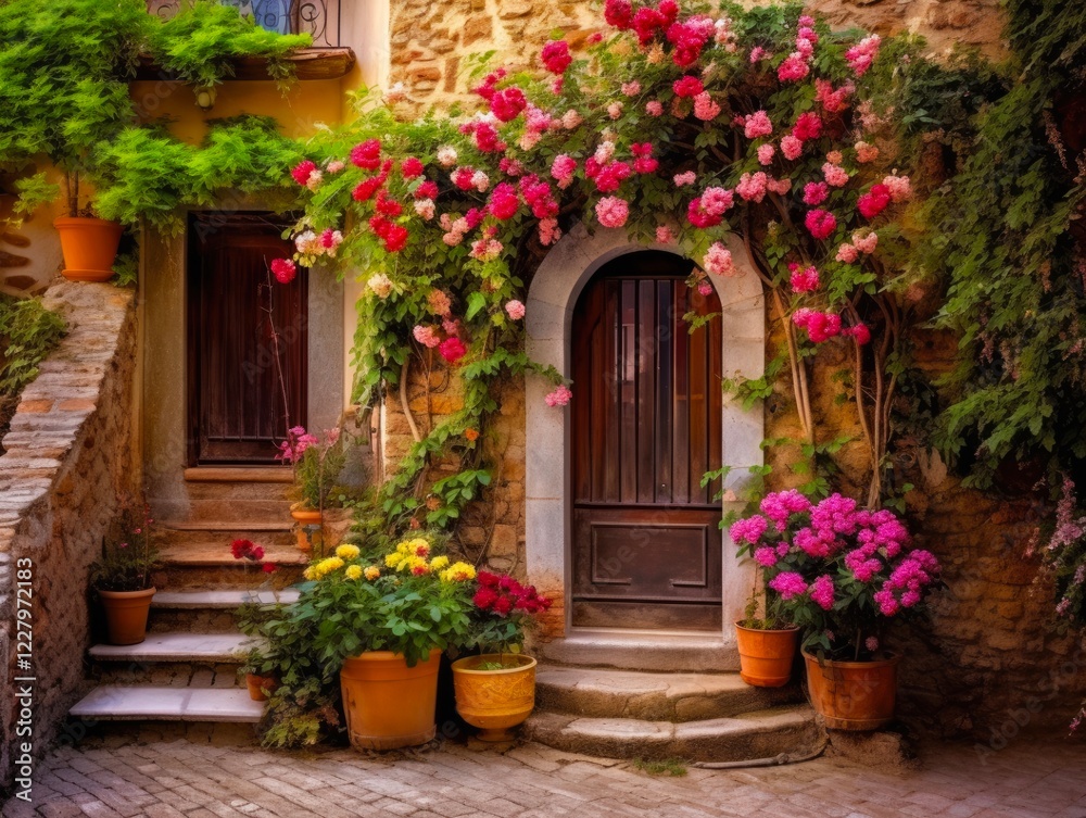 Naklejka premium Summer Flowers Adorn Beautiful Tuscan Doorway of Italian Villa - Tuscan Landscape Street Scene
