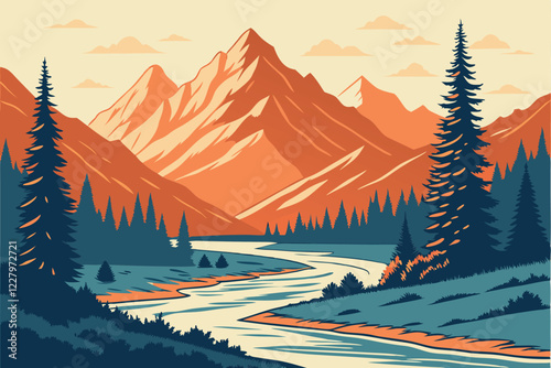Vibrant mountain landscape, winding river, abstract geometric shapes, warm orange hues, cool blue tones, layered mountains, stylized nature scene, minimalist design, smooth curves, panoramic view, wat