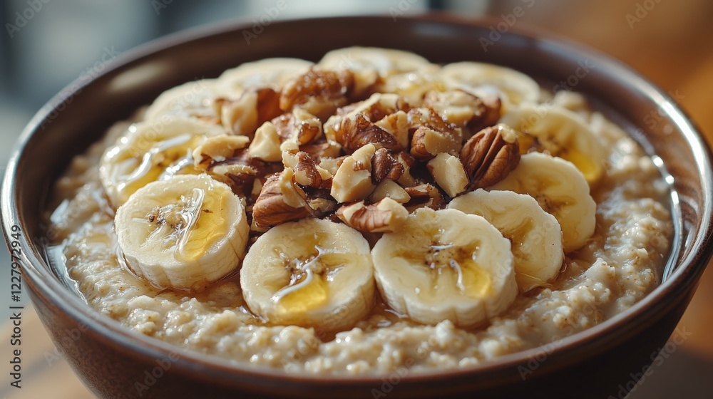 Warm Oatmeal Topped With Banana Slices and Chopped Nuts Served in a Rustic Bowl on a Wooden Table in a Cozy Kitchen Setting During Breakfast Hours. Generative AI Warm Oatmeal Topped With Banana Slices and Chopped Nuts Served in a Rustic Bowl on a Wooden Table in a Cozy Kitchen Setting During Breakfast Hours. Generative AI