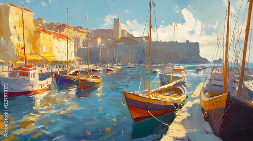 A painting of the harbor in colorful pastel colors, with small boats, oil on canvas
