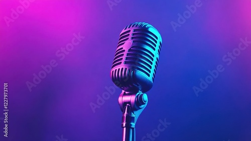 A vibrant purple and blue gradient background with an old-fashioned microphone at the center