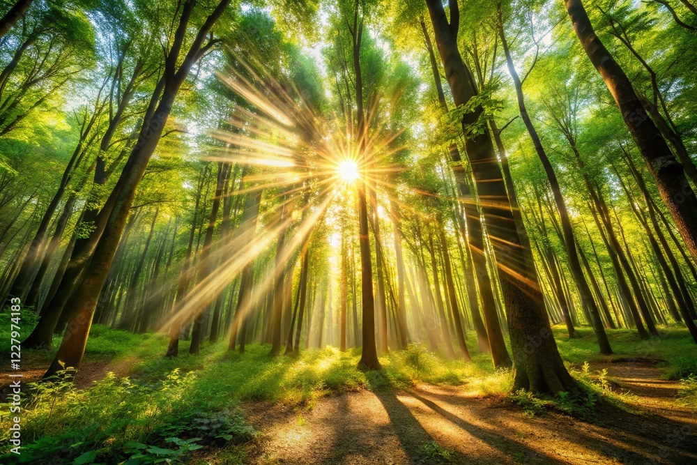 Obraz premium Long Exposure Natural Light: Sunbeams Through Trees, Magical Forest Glow