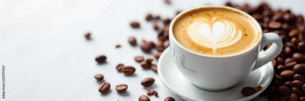 Creamy cafe latte, scattered coffee beans on white surface , breakfast, coffee beans Creamy cafe latte, scattered coffee beans on white surface , breakfast, coffee beans