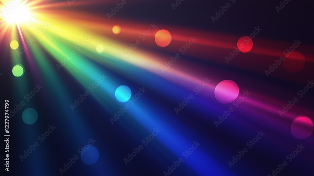 Obraz premium Colorful light beams with rainbow gradient and glowing bokeh circles on dark background, vibrant abstract digital design