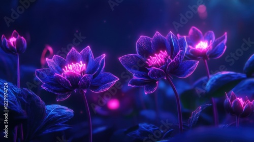 Glowing neon flowers in dark forest, fantasy art, wallpaper