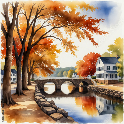 watercolor illustration of Fredericksburg, Virginia, focusing on the historic downtown area along the Rappahannock River. photo