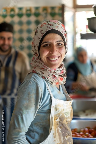 A Cheerful woman wearing a headscarf and apron smiles photo