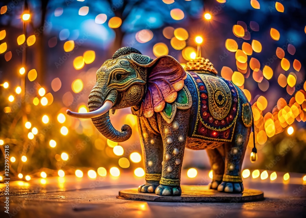 Fototapeta premium Long Exposure Photo of Decorative Elephant Statue at Night, Illuminated with Fairy Lights