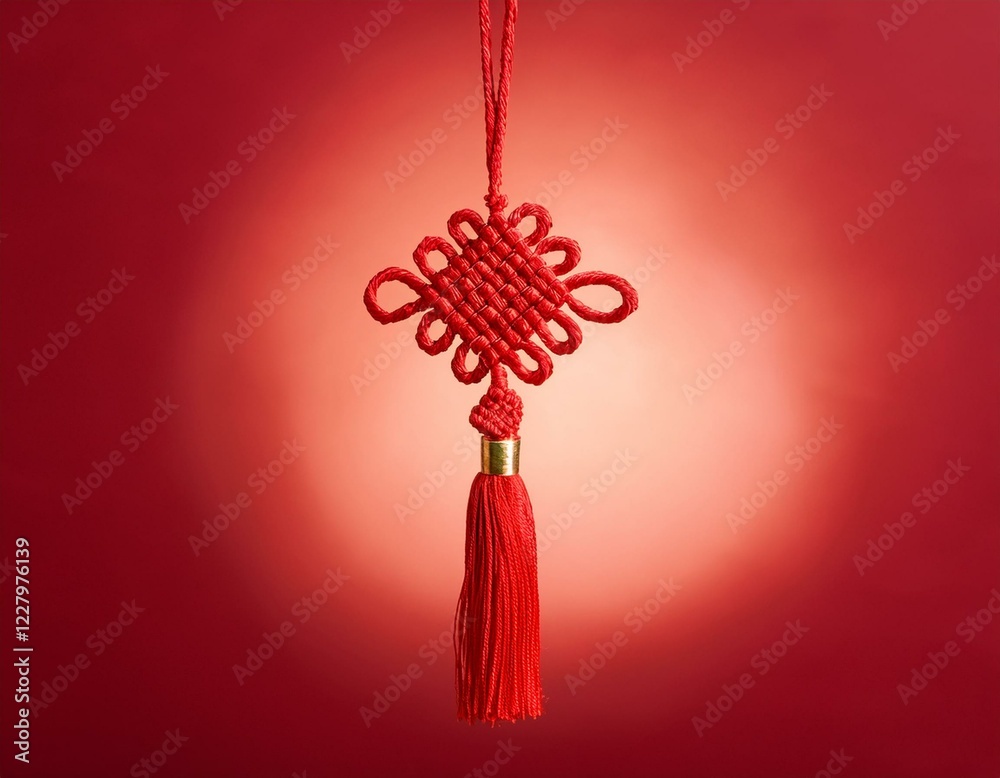 Obraz premium traditional red knot with tassels hanging on glowing red background