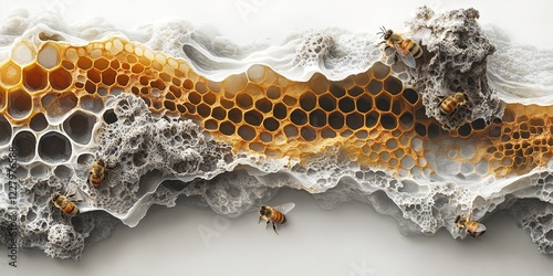 A detailed shot of bees on a honeycomb, showcasing the intricate patterns and textures in natural beehive products for commercial photography. photo