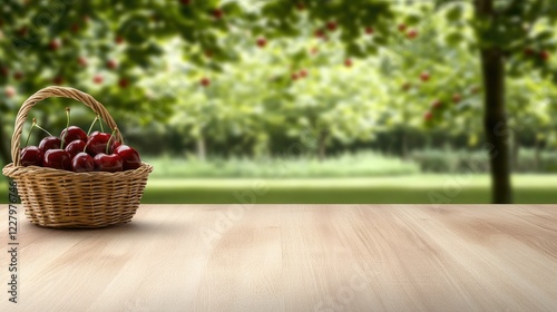 Freshly picked cherries fill a wicker basket on a wooden table, set against a blurred background of cherry trees in the garden.